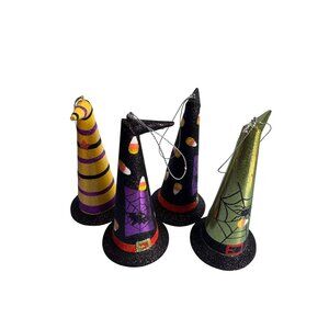 4 Witches Hat Halloween Metal Ornaments 6" With Glitter & Festive Designs